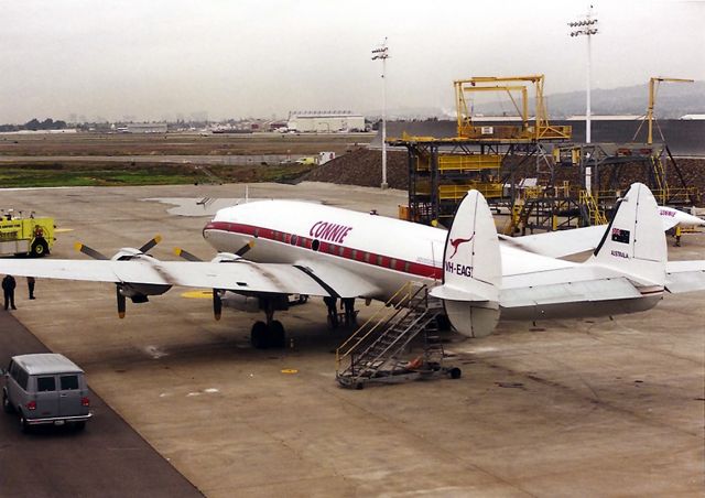 Lockheed EC-121 Constellation (VH-EAG) - KOAK - VH-EAG HARS Connie at Oakland United Maintenance facility in Jan 1995. This was in for immediate repairs to the 3rd radial. UAL let the selected photographer who were lucky enough to get in this day to use a 150 ft cherry picker for photos like this. RARE back then. Special thanks to UAL Supervisor George Midwin for allowing this and me, to get in.