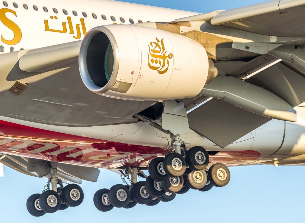 Airbus A380-800 (A6-EUL) - 20 tires of the main gear on this Emirates super as she roars over Airport Road and drops down to runway 23 at YYZ