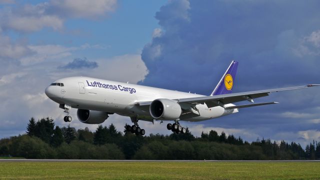 Boeing 777-200 (D-ALFA) - BOE156 from KPDX on final to Rwy 34L on 10.8.13. (LN:1144 cn 41674). This is the first B777 freighter for Lufthansa (GEC).