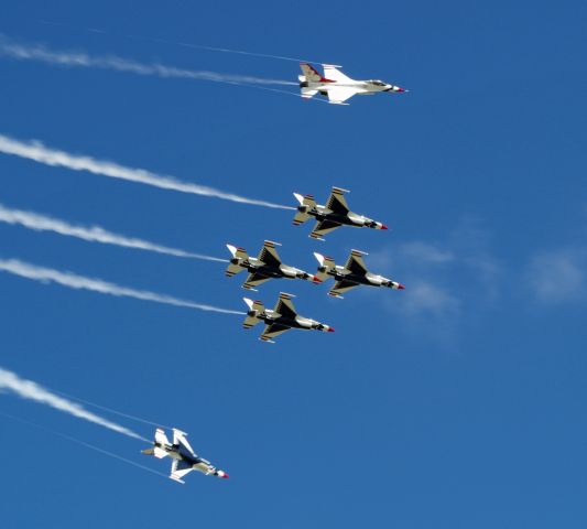 Lockheed F-16 Fighting Falcon — - MILLVILLE, NEW JERSEY, USA-MAY 09, 2015: Featured performers at the airshow were the United States Air Force Thunderbirds.