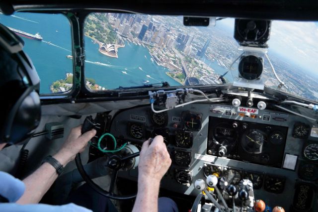 VH-EAF — - From the flight deck of the HARS C-47 flying over Sydney Harbour on the 85th anniversary of the first flight of the DC-3.