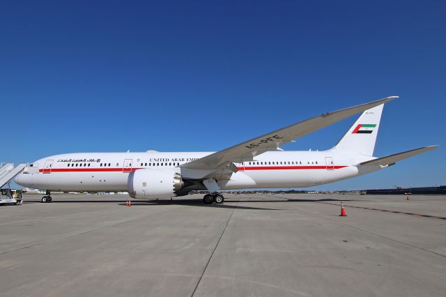 Boeing 787-9 Dreamliner (A6-PFE) - A newer B787-9, tail number A6-PFE, operated by Abu Dhabi Amiri Flight, call sign Calm Air 5 (CAV5), parked on Pad-3 after arriving from a 14 ½ hour flight from Abu Dhabi Int'l (AUH/OMAA) on 8 Oct 2019.  