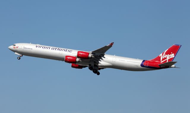 Airbus A340-600 (G-VBLU) - Soul Sister Climbing From Rwy 34L