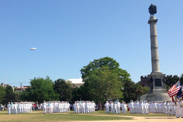 — — - MetLife Blimp over Charleston, SC with John C.Calhoun statute at Marion Square and Old Citadel for Citadel Class of 2017 Recognition and Oath ceremony.