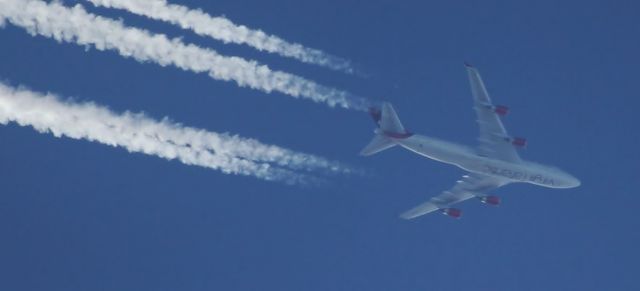 Boeing 747-400 (G-VXLG) - 13th Feb 2014. Flight VIR29 (Gatwick-Barbados)br /Over Southern England at 1155GMT