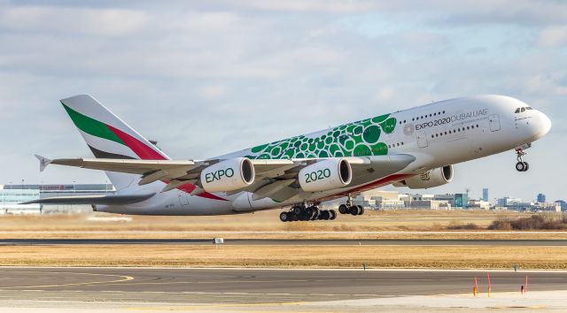 Airbus A380-800 (A6-EOL) - Emirates super climbing off runway 23 at YYZ