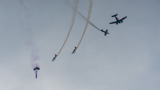— — - A member of Silver Wings after jumping from Matt Younkins Beech 18 during the opening ceremonies to launch the Wings Over South Texas  2018 airshow @ NAS Kingsvillebr /3/24/18
