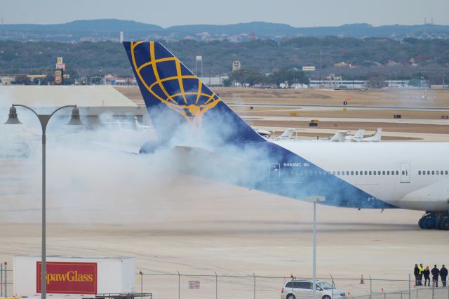 Boeing 747-400 (N464MC) - Smoke on engine start.