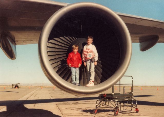 BOEING 747-100 (N905NA) - My brother and me(left) standing in the number 2 engine