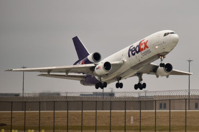 McDonnell Douglas DC-10 (N319FE) - There she goes. For the record. N319FE made her final journey today. Shown here departing Runway 23-L at KIND at 12:18 (EST) as flight 9030. Arrived VCV 13:16 (PST)She earned her retirement. She is 42.8 years old. Built in 1980. First Flight date 04/03/1980Originally built as a DC-10-30CF for World Airways (N112WA) she also went on to fly for Lufthansa, Garuda, Malaysia Airlines with the same tail number #. S/N 47820, L/N 317. Acquired by FedEx on 02/09/94br /Interestingly, there was a fatality associated with this aircraft in 1981 when a flight attendant was caught between a service cart and galley lift.