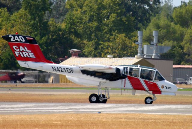 North American Rockwell OV-10 Bronco (N421DF) - KRDD - Calfire AirBoss OV-10 Bronco #240 rolling to the fuel pad after landing at Redding Sept 11th, 2014.