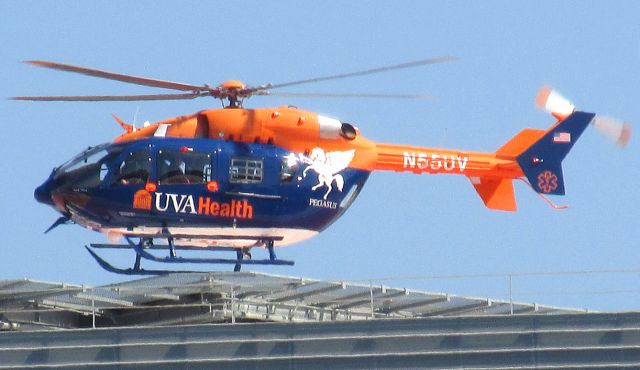 N55UV — - New UVA Pegasus helicopter with new permanent tail number N55UV, lifting from UVA east helipad on Sept. 4, 2023.