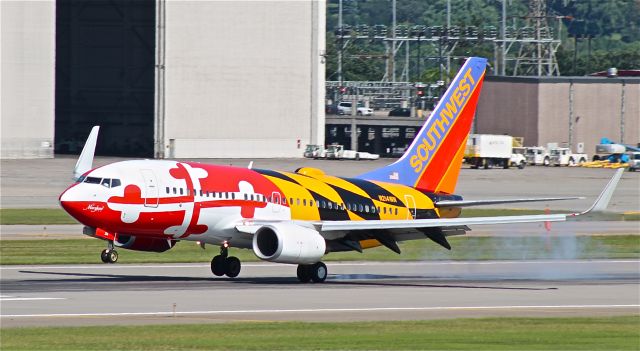 Boeing 737-700 (N214WN) - Maryland One touches down on runway 30L with a slight crosswind.