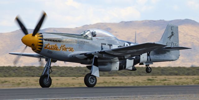 North American P-51 Mustang (N51PE) - Just becoming airborne, Little Horse (N51PE / NL51PE) takes off to participate in the Texas Flying Legends Museum performance at the 2017 Reno Air Races.