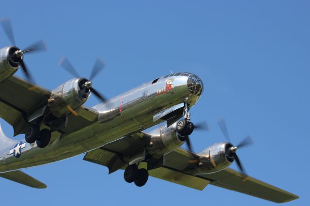 Boeing B-29 Superfortress (N69972) - Doc....clearing the airport fence and seconds from landing on Runway 3 Appleton International. 