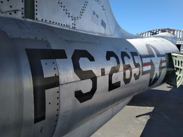 — — - Republic RF-84K 'Thunderflash'. This unrestored aircraft is at the Planes of Fame Museum, Chino, California.