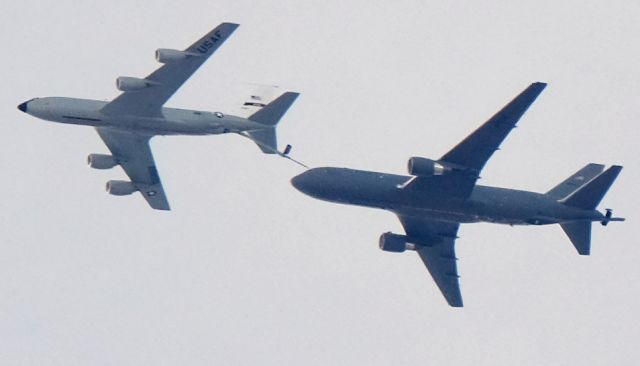 Boeing C-135FR Stratotanker (61-0320) - KC-35R AE07B3 identifying as ARRIS09 at 21,600' AMSL with a KC-46 Pegasus under a layer of high clouds. br /Lone Pine, CA, January 12, 2022