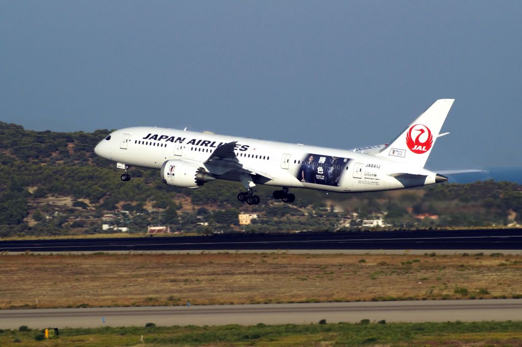 Boeing 787-8 (JA841J) - JAL B787 - JA841J (Spirit of Victory special livery) taking off from Athens Intl Airport runway 03R on 08/08/18. This livery was applied to promote Japans national football team in Russia 2018 World Cup and it will be removed soon.