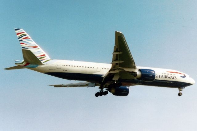 Boeing 777-200 (G-VIIA) - British Airways B777-200 in special 'Waves of the City' livery landing at Boston Logan on 9/27/97. This was one of many World Tail Schemes