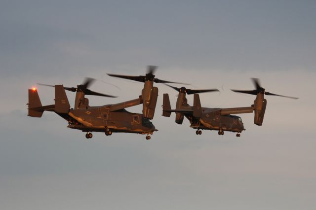 Bell V-22 Osprey — - Sunset mission.  Two CV-22 depart Mildenhall for another night training mission.