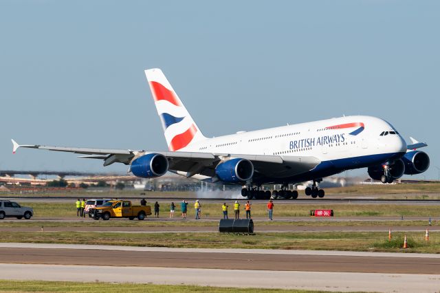 Airbus A380-800 (G-XLEF) - After 827 days, the A380 finally makes its triumphant return to the Dallas/Fort Worth International Airport. To quote DFW Tower, welcome to DFW, Speedbird Super!