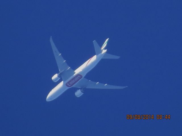 BOEING 777-200LR (A6-EWJ) - Emirates flight 221 from Dubai to Dallas over Baxter Springs Kansas (78KS) at 38,000 feet.