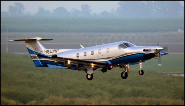 Pilatus PC-12 (N842WF) - Boutique Flight 322 departing Merced Regional Airport.br /Note the propeller blades vortices. 