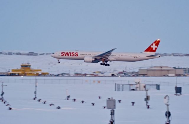 BOEING 777-300 (HB-JND) - I am not sure why Flightaware is showing the Plane to be at LAX? Its here in the Arctic CYFB at the moment. Swiss Air flight LX40 Emergency Landing with 1 Engine at Iqaluit Airport, Nunavut Canada on FEB 1, 2017 If you want to check out more Photos and Videos look here in Twitter at #YFBSpotters @YFBSpotters