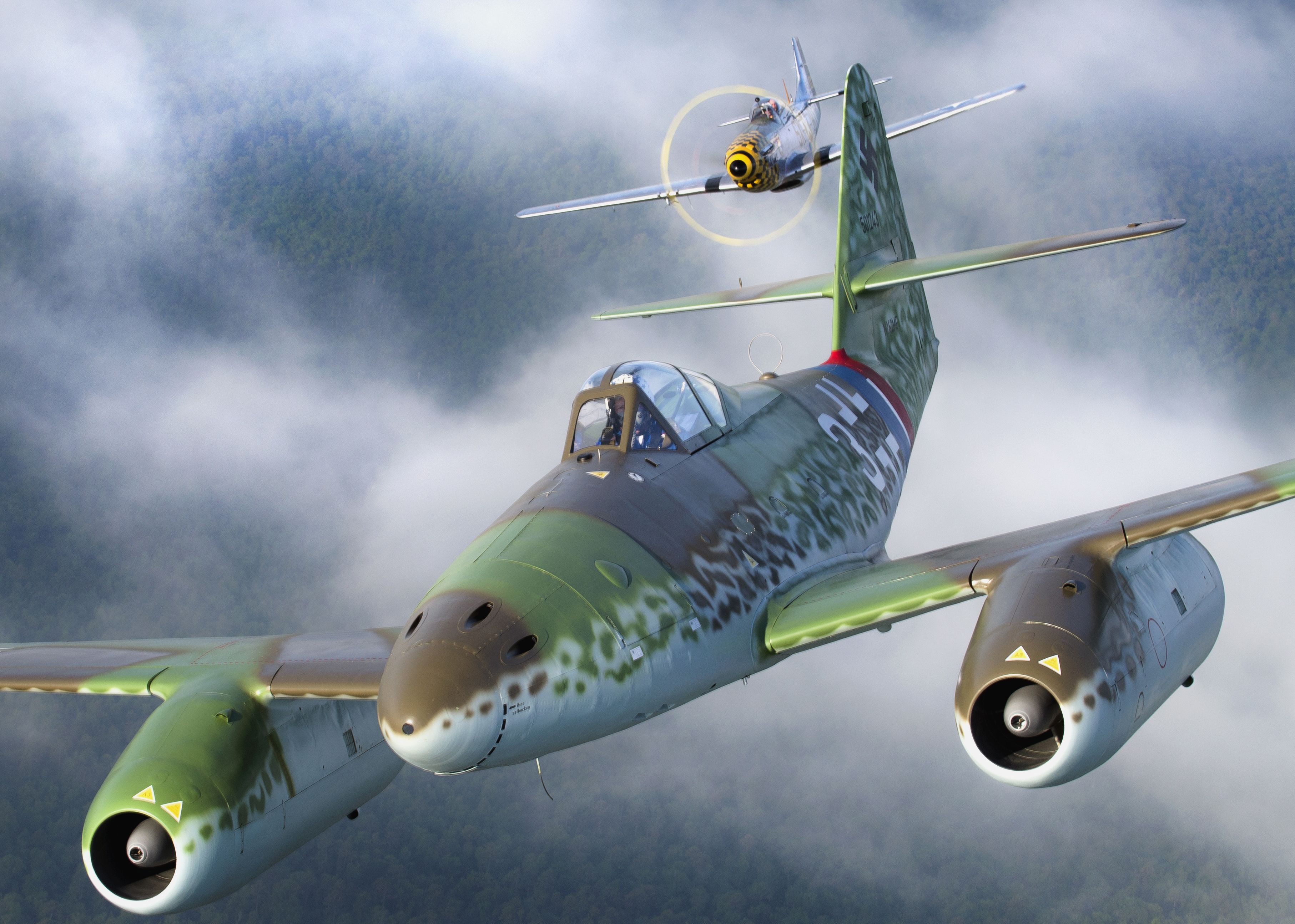 MESSERSCHMITT Me-262 Replica (N262MF) - The Military Aviation Museums North American P-51D Mustang "Double Trouble Two" closes in tight on their Messerschmidt Me-262 Scwalbe for the kill over the extremely hostile skies of Virginia