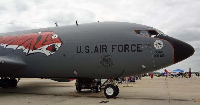 00366 — - McGUIRE AIR FORCE BASE, WRIGHTSTOWN, NEW JERSEY, USA-MAY 21, 2023: A KC-135 Stratotanker, belonging to the 108th Wing of the New Jersey Air National Guard, is seen at the 2023 Open House and Air Show.