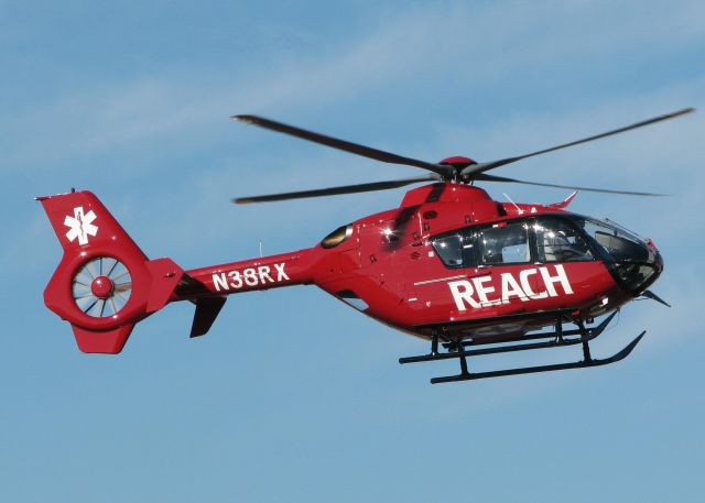 Eurocopter EC-635 (N38RX) - Taking off from Metro Aviation near the Shreveport Downtown airport.