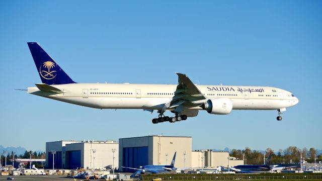 BOEING 777-300 (HZ-AK37) - BOE737 on final to Rwy 16R to complete a ferry flight from KPDX on 11/8/16. (ln 1449 / cn 61594). The aircraft was returning after being painted.