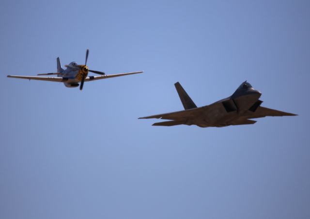 North American P-51 Mustang (N7TF) - P-51D-20-NA, N7TF, 44-73856 (flown as 44-63684), Double Trouble Two, and Lockheed Martin F/A-22A Block 10 Raptor, 99-4010, at Thunder & Lightning Over Arizona at Davis Monthan AFB, 12 Mar 16.