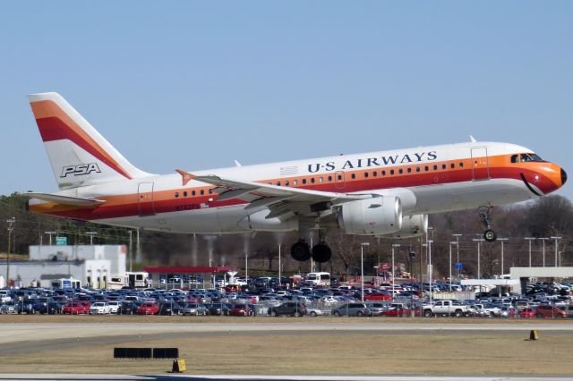 Airbus A319 (N742PS) - US Airways A319 "PSA Heritage" 2/22/14
