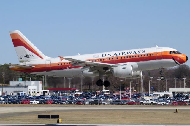 Airbus A319 (N742PS) - US Airways A319 "PSA Heritage" 2/22/14