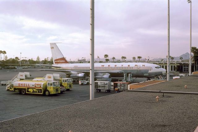 Boeing 720 (N93145) - Western Airlines 720-047B N93145 at Phoenix Sky Harbor International Airport in February 1972. Its construction number is 18451. It first flew on July 19, 1962 and was delivered to Western Airlines on July 27, 1962.