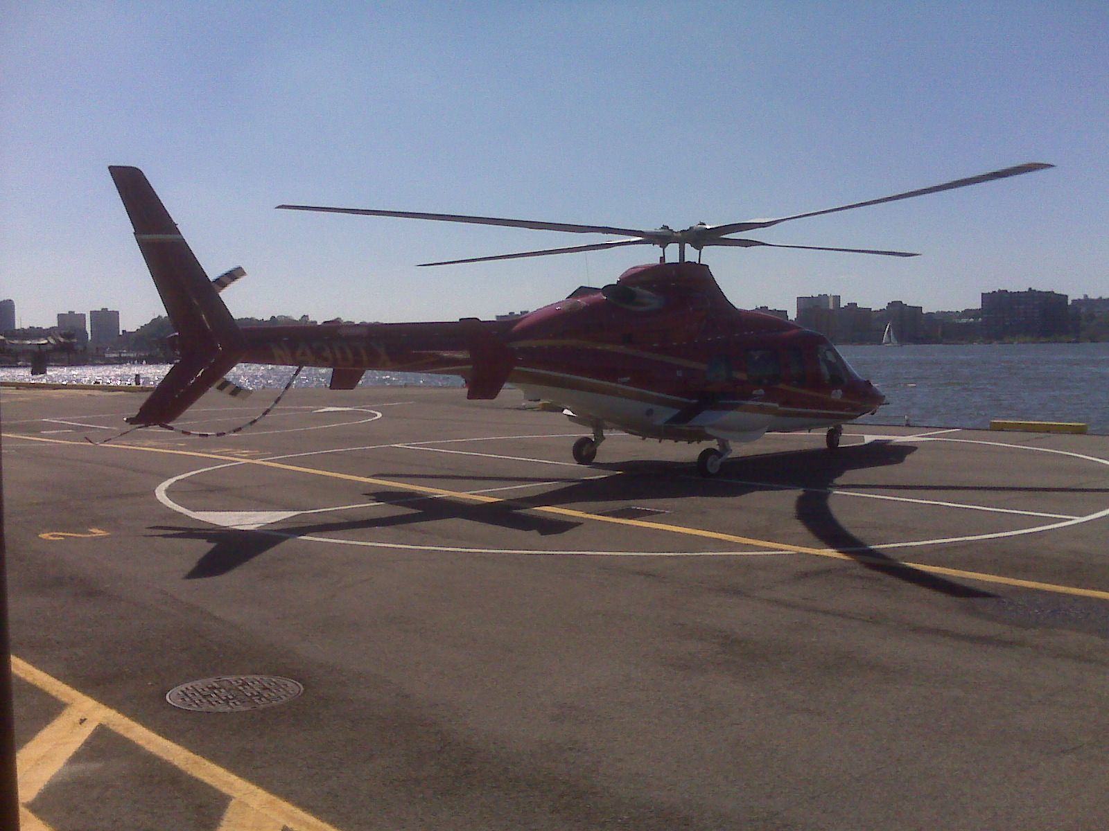 Bell 430 (N430TX) - Bell 430 at West 30th Street heliport. Shot with Blackberry 8310 with a 2 megapixel camera.
