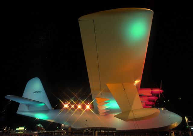 Cessna 340 (N37602) - The Spruce Goose "painted" with colored light seen from the side inside the Long Beach exhibition dome, where it was stationed next to the Queen Mary until the early nineties, Long Beach, California