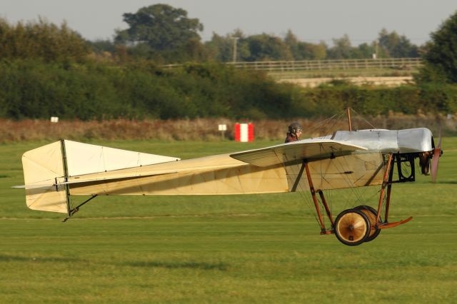 — — - A Blackburn Monoplane Type D takes off from Old Warden Aerodrome.