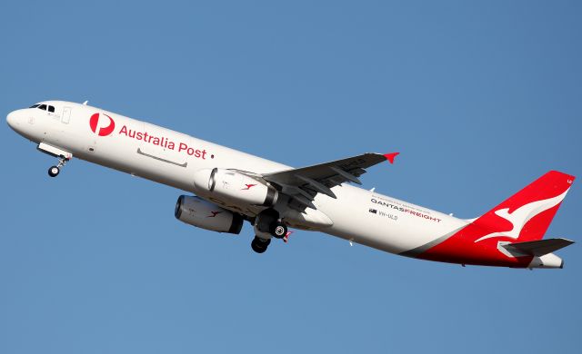 Airbus A321 (VH-ULD) - Climbing from Rwy 34L.First A321(P2F) for Qantas Freight.