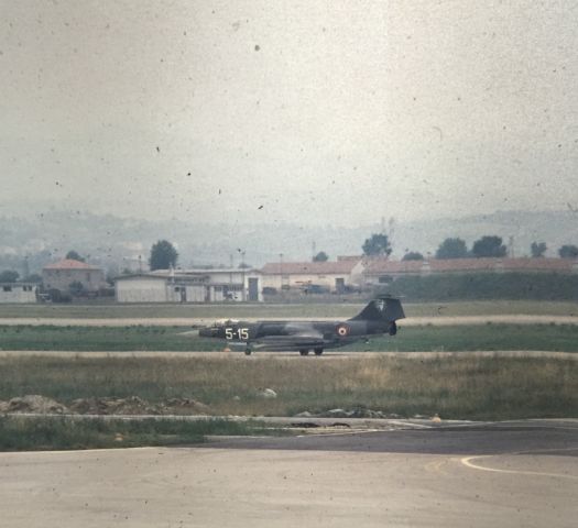 — — - Lockheed F-104 Starfighter from the Italian 5A Aerobrigata taxiing at Rimini Miramare Airport (Italy) during June 1967. Photo is from a color slide taken by my father while he was stationed at Rimini Airbase with the Detachment 2700 7232nd Munitions Maintenance Group and with the Italian 5A Aerobrigata.