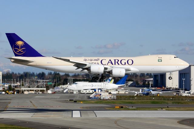 Boeing 747-200 (HZ-AI3) - Saudia Cargo 747-8F HZ-AI3 returning to Paine Field after a test flight March 9, 2013.