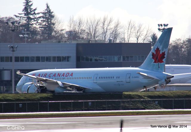 Boeing 787-8 (C-GHPQ) - Boeing Everett - one of the 1st Boeing 787 Airliners for Air Canada on the flightline at Boeing Everett. There was another 787 in the assembly plant in position # 2 for final assembly, possibly l/n 176 but not confirmed. Position #1 was a Hainan Airlines 787  noted as l/n 171 next out the door noted, this seen on on March 11th, 2014 Boeing Tour.