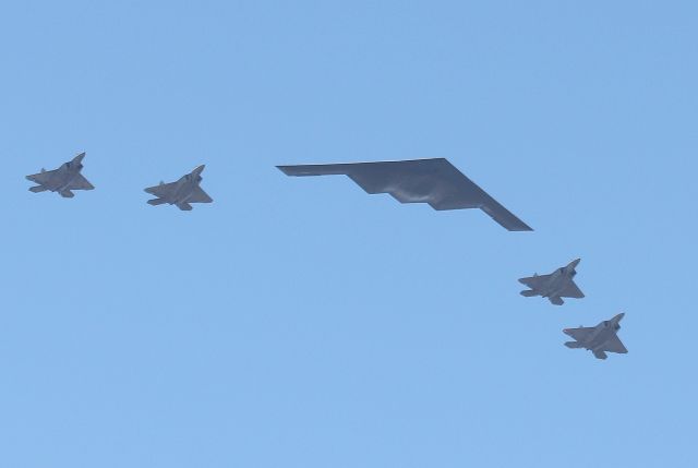 Northrop Spirit (89-0129) - B-2 Spirit and F-22 Raptors at the Great Cities of the American Revolution flyover on July 4, 2020 over the Charles River, Cambridge, MA