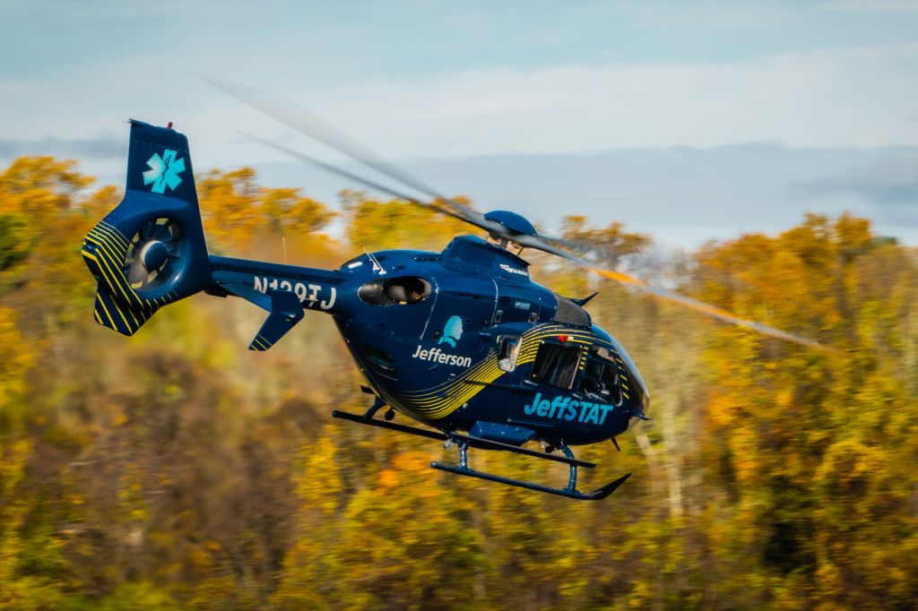 Eurocopter EC-635 (N139TJ) - JeffSTAT helicopter taking off from Wings Field (KLOM)