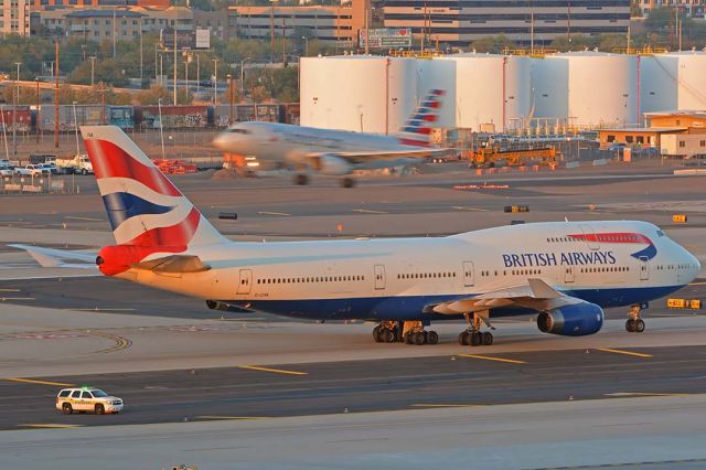 Boeing 747-400 (G-CIVA) - 747-436 G-CIVA taxiing to the gate after making the last landing of a British Airways 747 at Phoenix Sky Harbor on October 26. 2019.