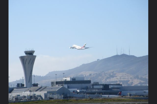 Airbus A380-800 (A6-EUU) - Emirates 50 Year livery taking off from runway 28L at SFO