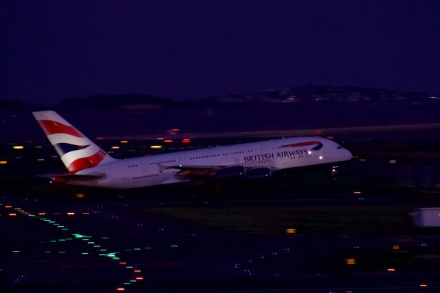 Airbus A380-800 (G-XLEL) - (8/19/2019) G-XLEL rotates off runway 22L as "BA 4 5 Bravo Super" at sunset!