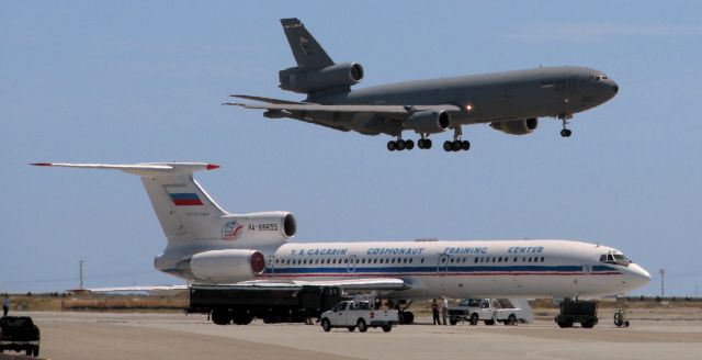 Tupolev Tu-154 (RA-85655) - While searching for a photo from many years back to fulfill a request, I came across this old pic. Taken back in 2011 with a Canon S5 IS camera (that I gave away several years ago), this snap is the only picture I was ever able to get of a Tupolev T-154. I was somewhat far away and it was a hot day under clear skies, so there was no way to overcome the distortion caused by the heat waves rolling up from the hot ramp. Thus, the quality of this snap was doomed, and I knew it before I raised the camera to click it. But I decided I wanted the shot anyway when I saw the KC-10 coming closer on its short final. So, despite the diminished quality, I want this pic in my folder because it is a very rare capture. 