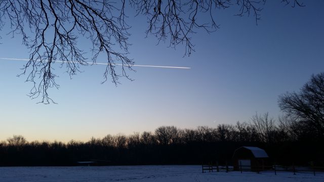 — — - Emirates 221 - Dubai to Dallas - Airbus A380-800 - Photographed at sunrise over central Illinois. 1/23/2016